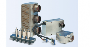 Various industrial electronic components and connectors arranged on a surface.