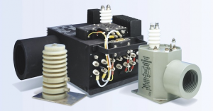 Electrical transformer with capacitors and wiring connections.