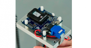 Close-up of an electronic circuit board with various components and connectors.