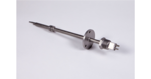Stainless steel industrial probe with flange and connector.