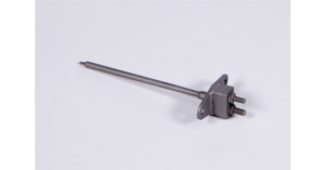 A metal heating element with two prongs and mounting plate.