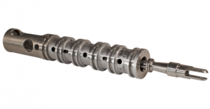A close-up of a metal camshaft used in engines.