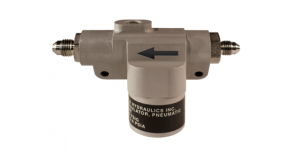 Hydraulic filter with directional arrow and metal connectors.