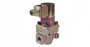 Industrial solenoid valve with metal and plastic components.
